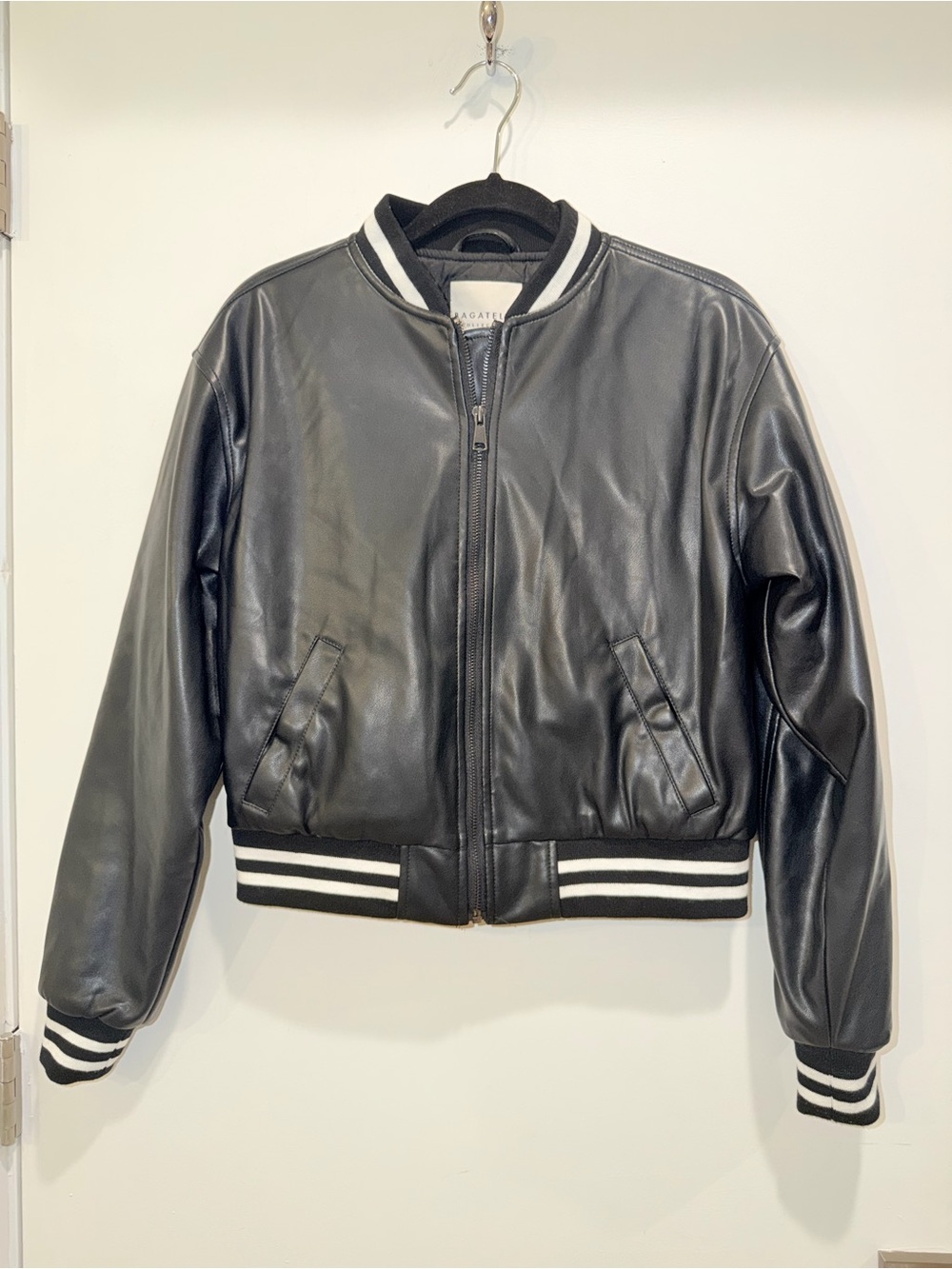 Bagatelle Collection NY Black Faux Leather Bomber Jacket W/ Striped Trim, Sz XS
